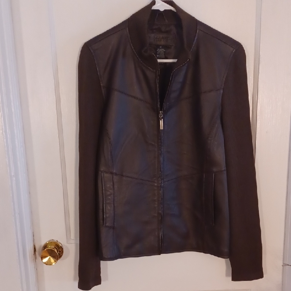 Jaclyn Smith Dark Brown Leather And Knit Jacket Women's Size 14,  New